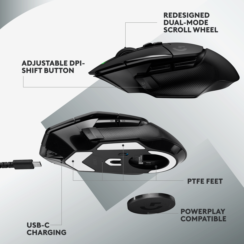 Logitech G502 X LIGHTSPEED 25,600 DPI HERO 25K Optical LIGHTFORCE Opto-Mechanical Black USB Type-C Wireless Gaming Mouse