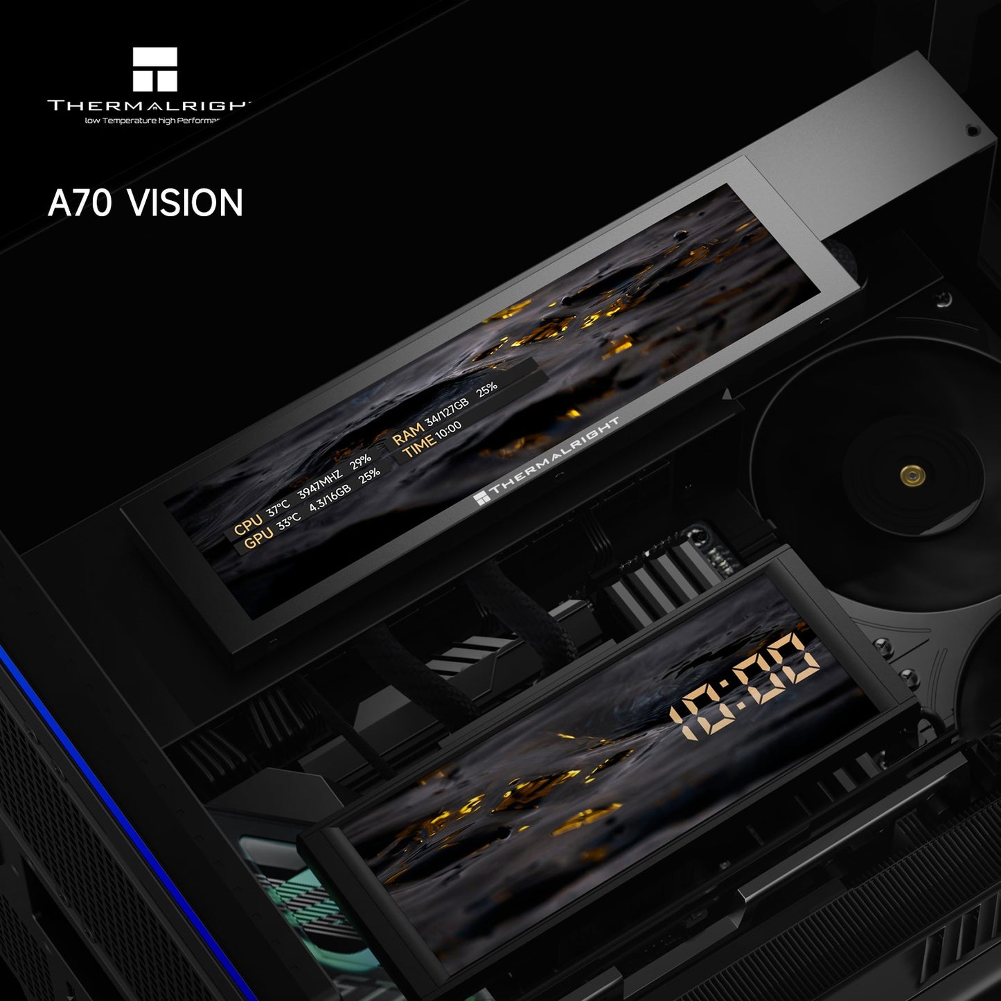 Thermalright A70 ARGB Black ATX Gaming Case Panoramic Light Strip and 9.16'' LCD screen with TL-C12RB-S V2 X3 + TL-C12C-S X2
