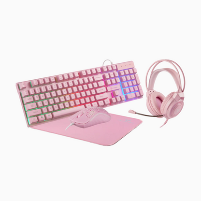 VX Gaming Rainbow 4-in-1 Combo: Keyboard, Mouse, Headset & Mouse Pad - Pink