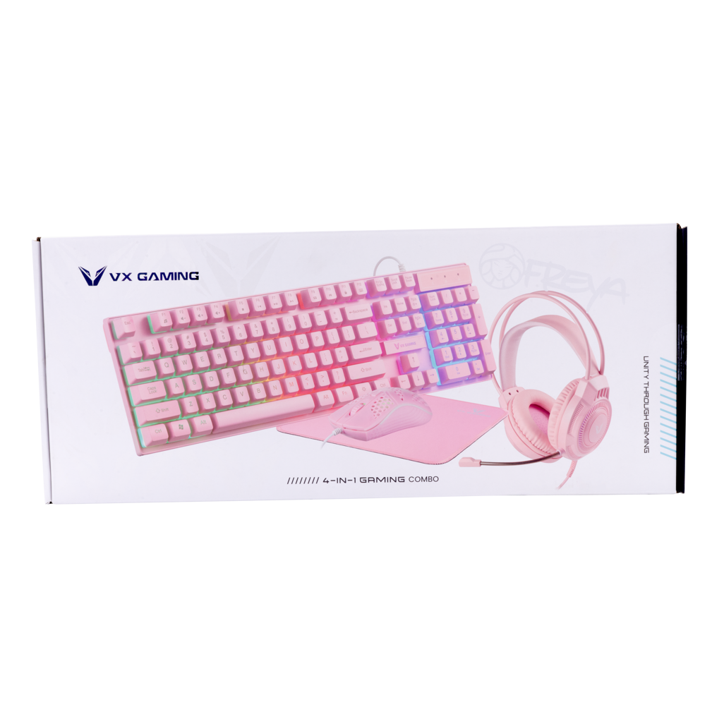 VX Gaming Rainbow 4-in-1 Combo: Keyboard, Mouse, Headset & Mouse Pad - Pink