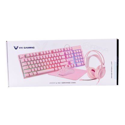 VX Gaming Rainbow 4-in-1 Combo: Keyboard, Mouse, Headset & Mouse Pad - Pink