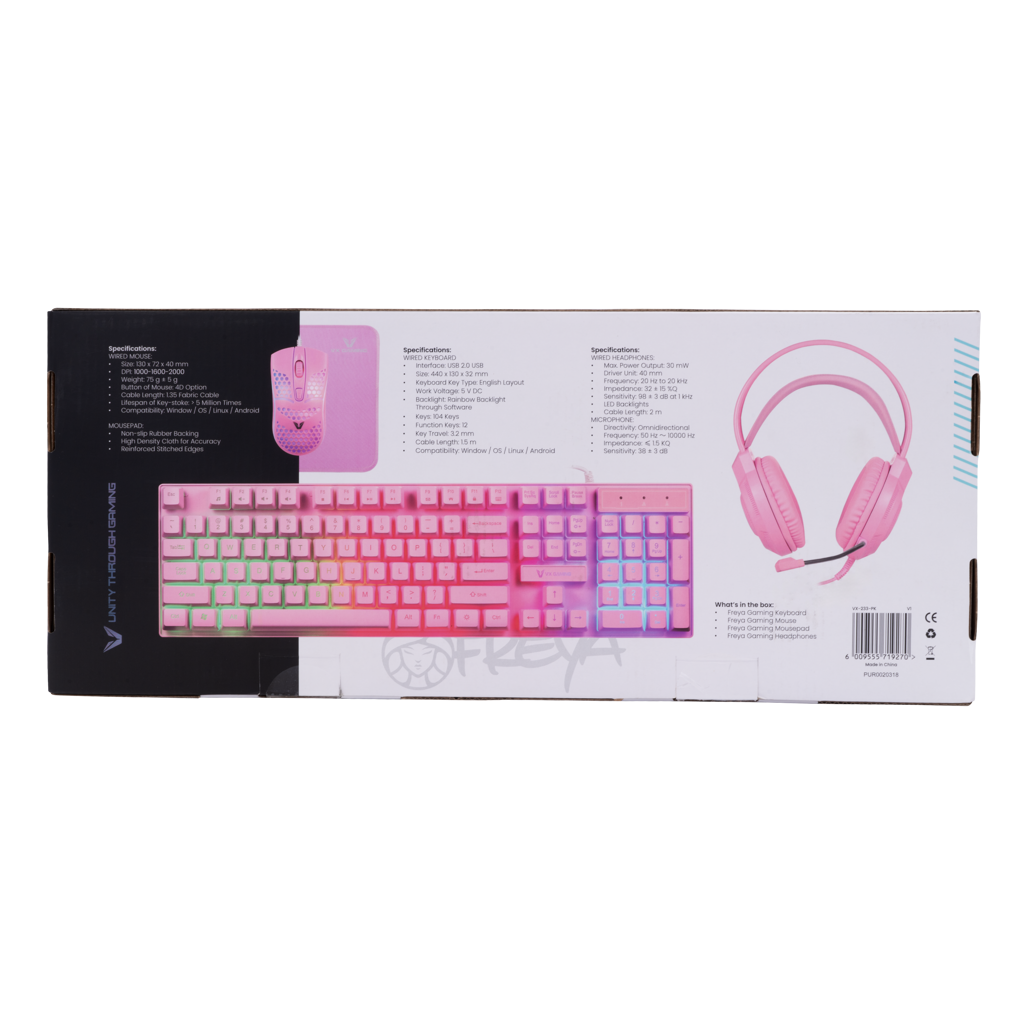 VX Gaming Rainbow 4-in-1 Combo: Keyboard, Mouse, Headset & Mouse Pad - Pink