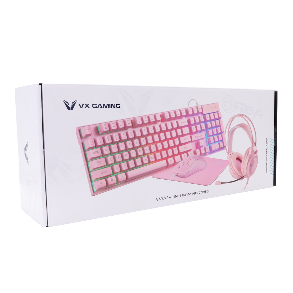 VX Gaming Rainbow 4-in-1 Combo: Keyboard, Mouse, Headset & Mouse Pad - Pink