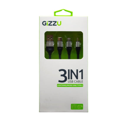 GIZZU 3 in 1 USB to Micro USB/Type-C/ Lightning 1.2m Cable – Black