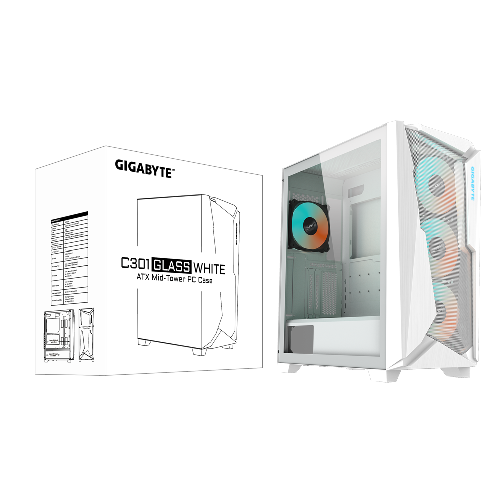 Gigabyte C301 Glass V2 Mid Tower Gaming PC Case White GB-C301GW V2