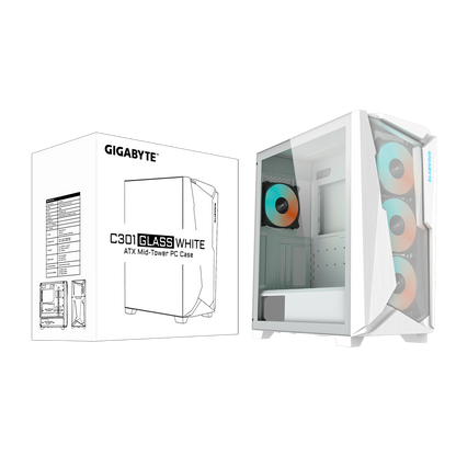 Gigabyte C301 Glass V2 Mid Tower Gaming PC Case White GB-C301GW V2