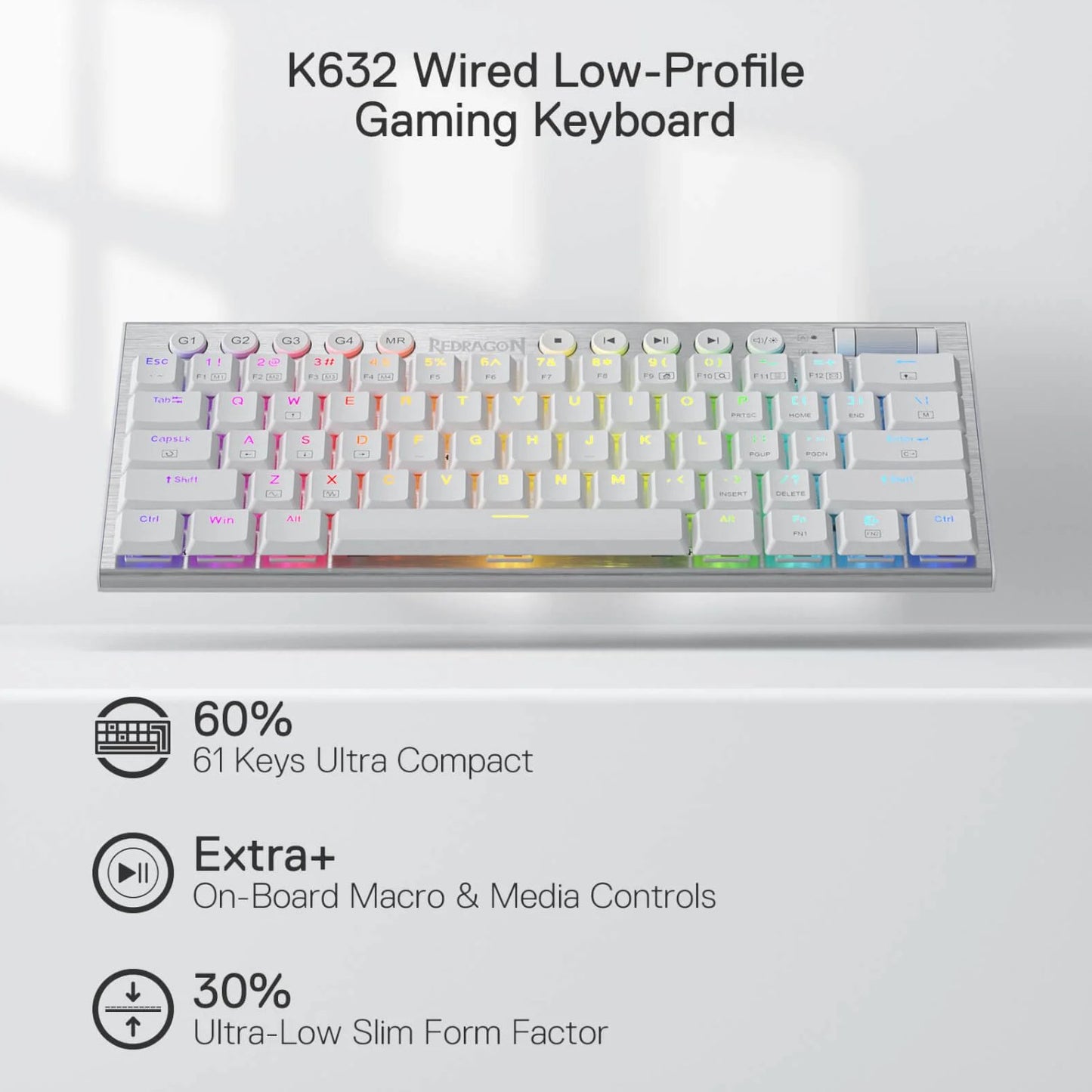 Redragon K632 HORUS Mini 60% RGB Wired Gaming Keyboard – White