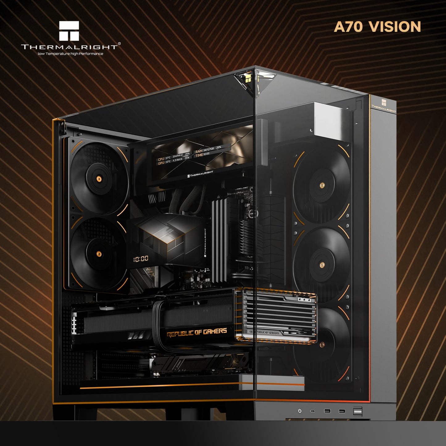 Thermalright A70 ARGB Black ATX Gaming Case Panoramic Light Strip and 9.16'' LCD screen with TL-C12RB-S V2 X3 + TL-C12C-S X2