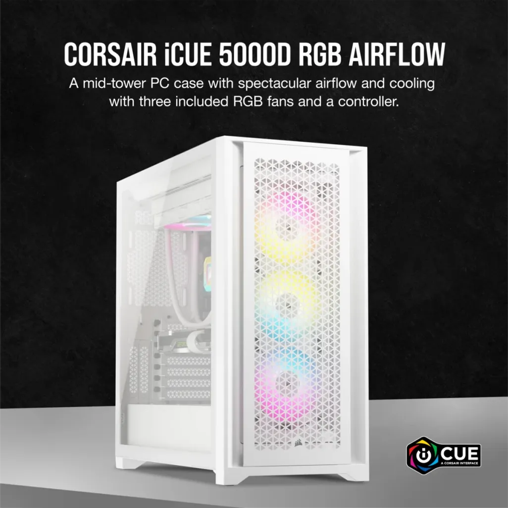 Corsair iCUE 5000D RGB AIRFLOW Clear Tempered Glass White Steel ATX Mid Tower Desktop Chassis